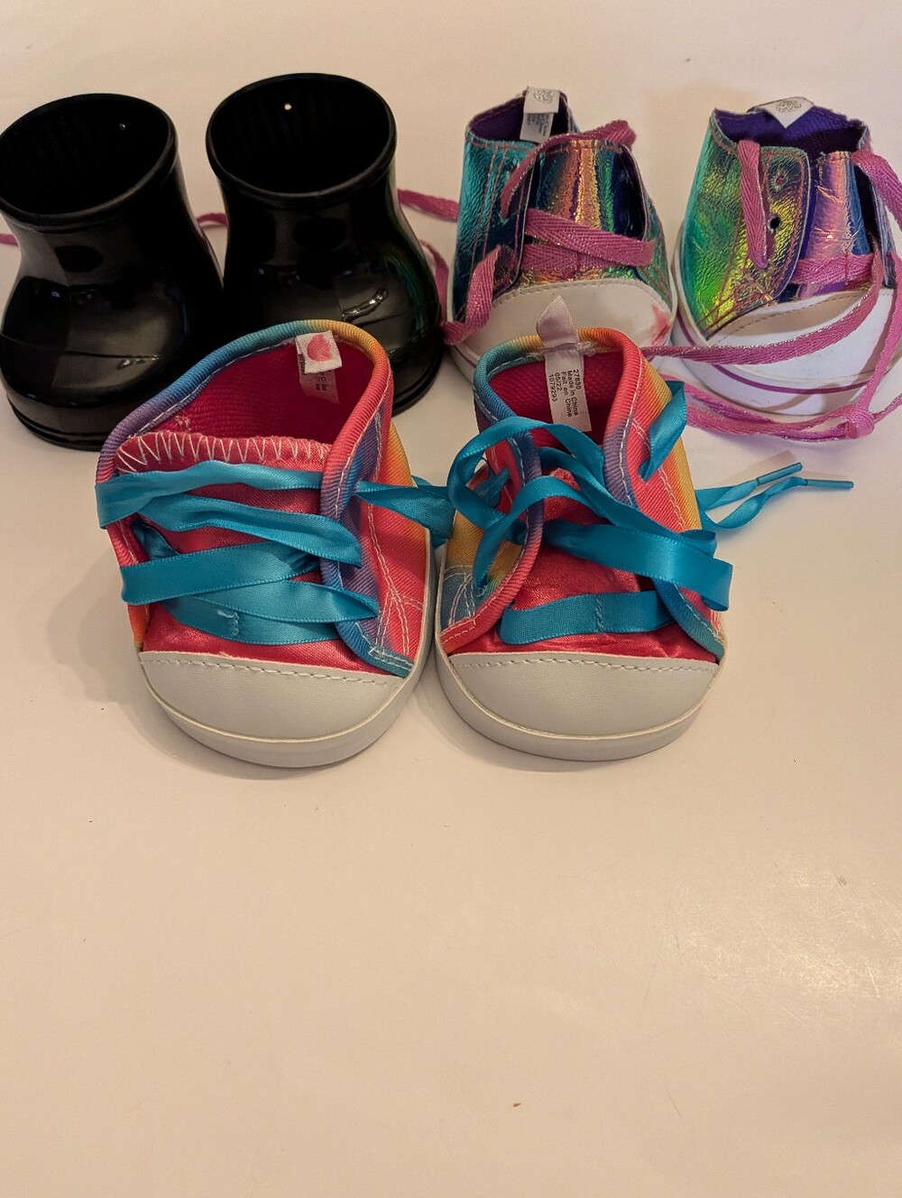 Lot Of 3 Build A Bear Shoes Rainbow Tennis Shoes And Black Rain Boots